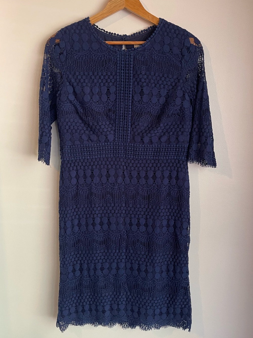 Darling Navy Blue Crochet Lace Sheath Dress XL 3/4 Sleeve Lined Cocktail Party